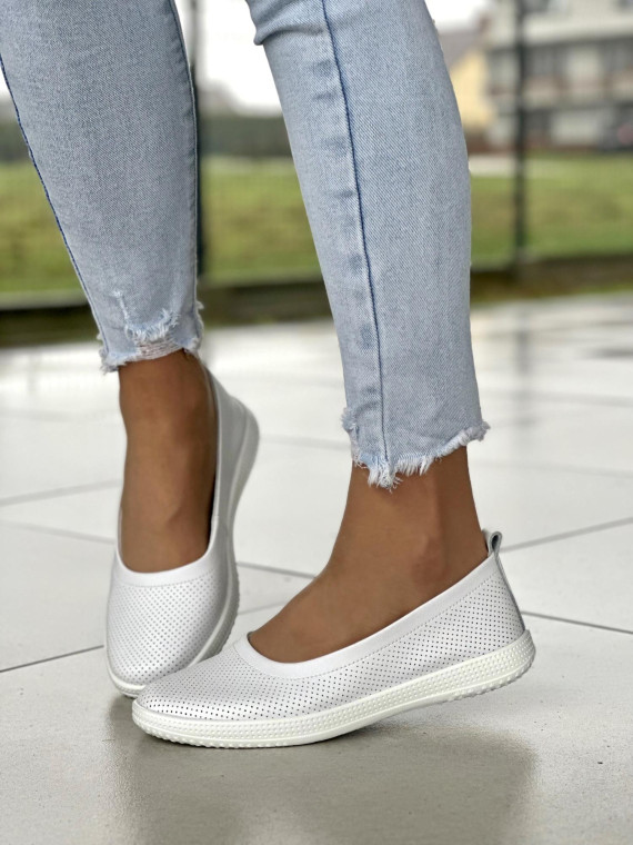 Minimalistyczne ażurowe białe baleriny damskie, skóra naturalna