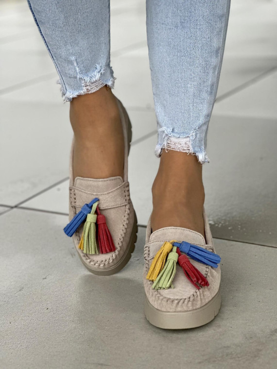 Wygodne beżowe mokasyny damskie na miękkiej podeszwie, skóra naturalna