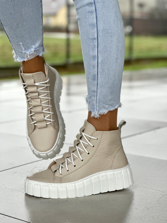 Wysokie beżowe trampki damskie, białe akcenty, skóra naturalna