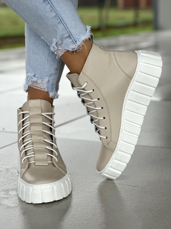Wysokie beżowe trampki damskie, białe akcenty, skóra naturalna