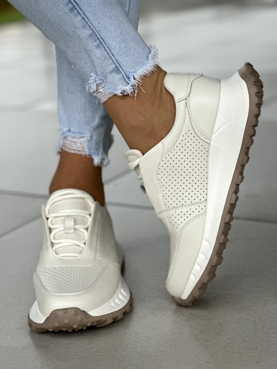 Bardzo lekkie biało-kemowe sneakersy damskie, skóra naturalna