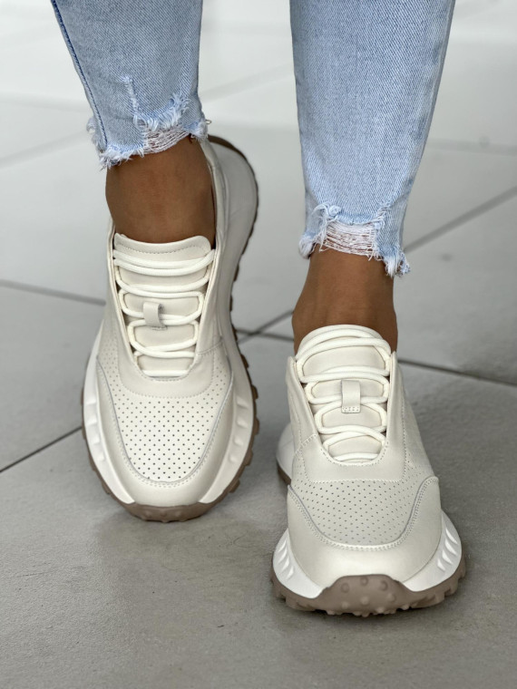 Bardzo lekkie biało-kemowe sneakersy damskie, skóra naturalna