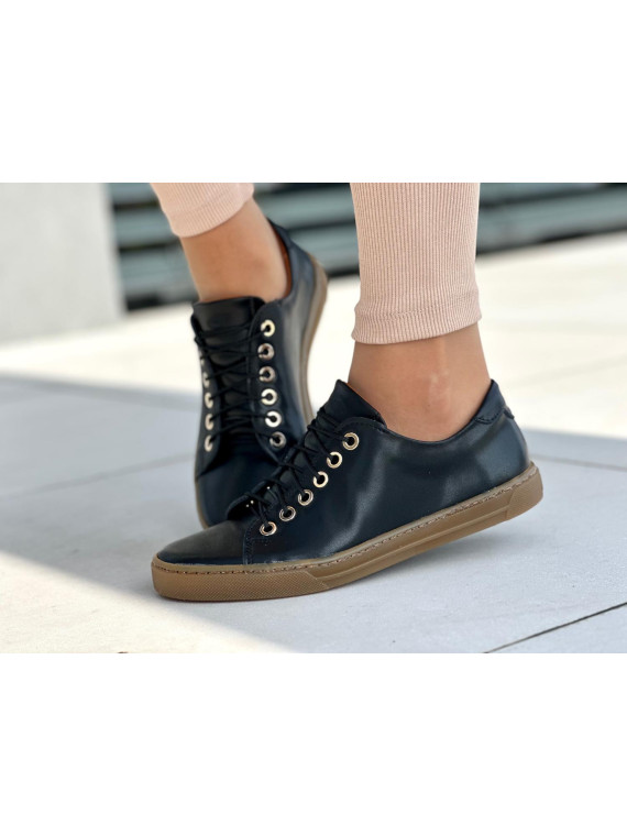 Wygodne czarne trampki damskie na miękkiej podeszwie, skóra naturalna