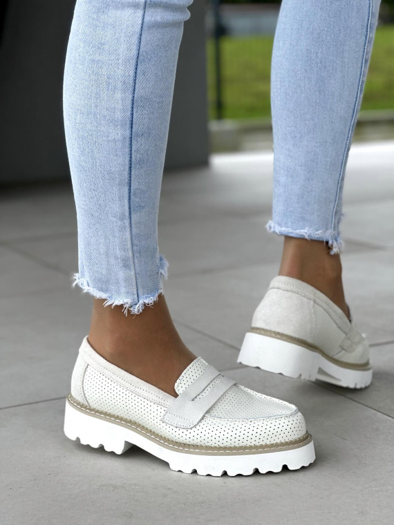 Ażurowe biało-kremowe mokasyny damskie, skóra naturalna