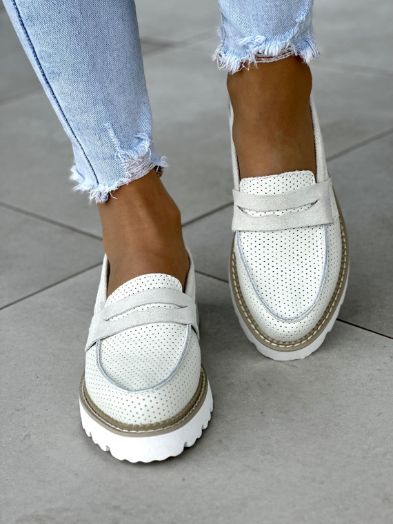 Ażurowe biało-kremowe mokasyny damskie, skóra naturalna