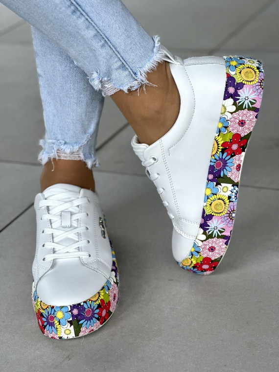 Bardzo lekkie białe trampki damskie na podeszwie w kwiaty, skóra naturalna
