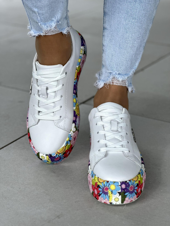 Bardzo lekkie białe trampki damskie na podeszwie w kwiaty, skóra naturalna