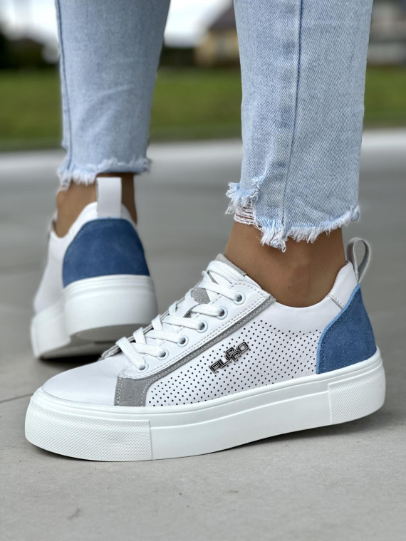 Wyjątkowe biało-niebieskie trampki damskie, skóra naturalna