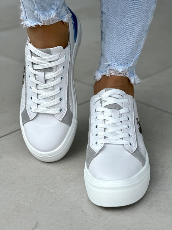 Wyjątkowe biało-niebieskie trampki damskie, skóra naturalna