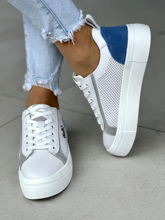 Wyjątkowe biało-niebieskie trampki damskie, skóra naturalna