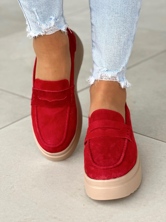 Stylowe czerwone mokasyny damskie skóra naturalna