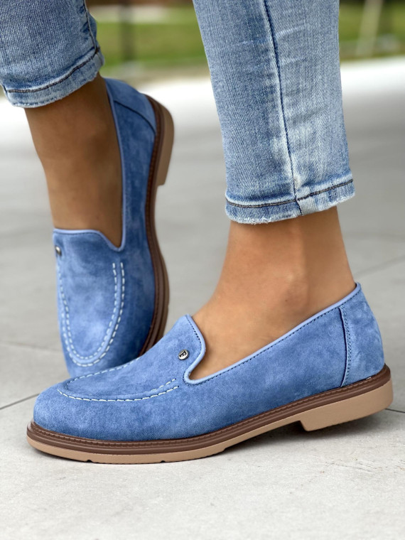 Śliczne niebieskie mokasyny damskie, skóra naturalna
