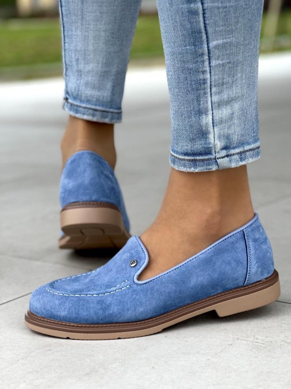 Śliczne niebieskie mokasyny damskie, skóra naturalna