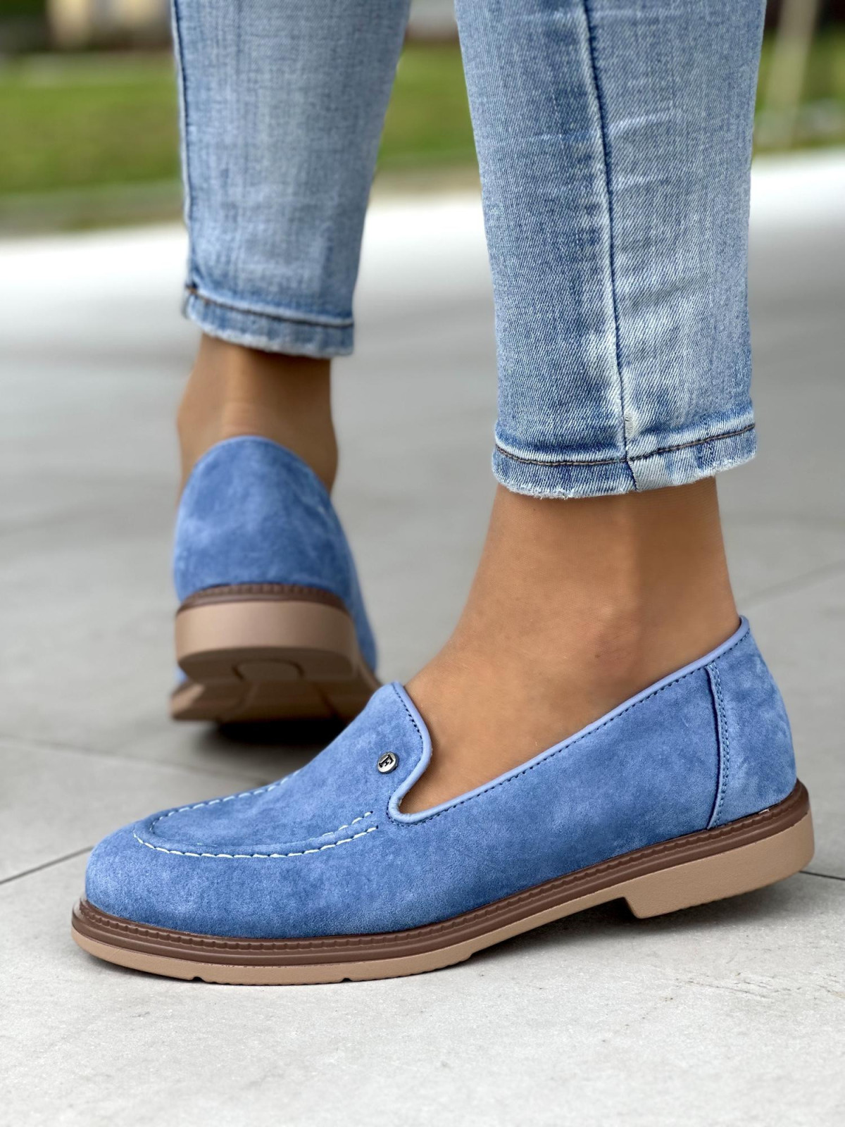 Śliczne niebieskie mokasyny damskie, skóra naturalna
