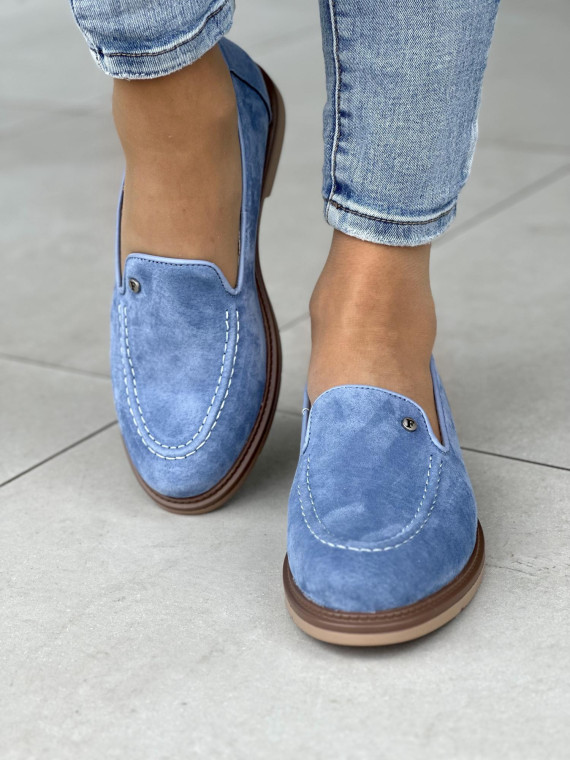 Śliczne niebieskie mokasyny damskie, skóra naturalna