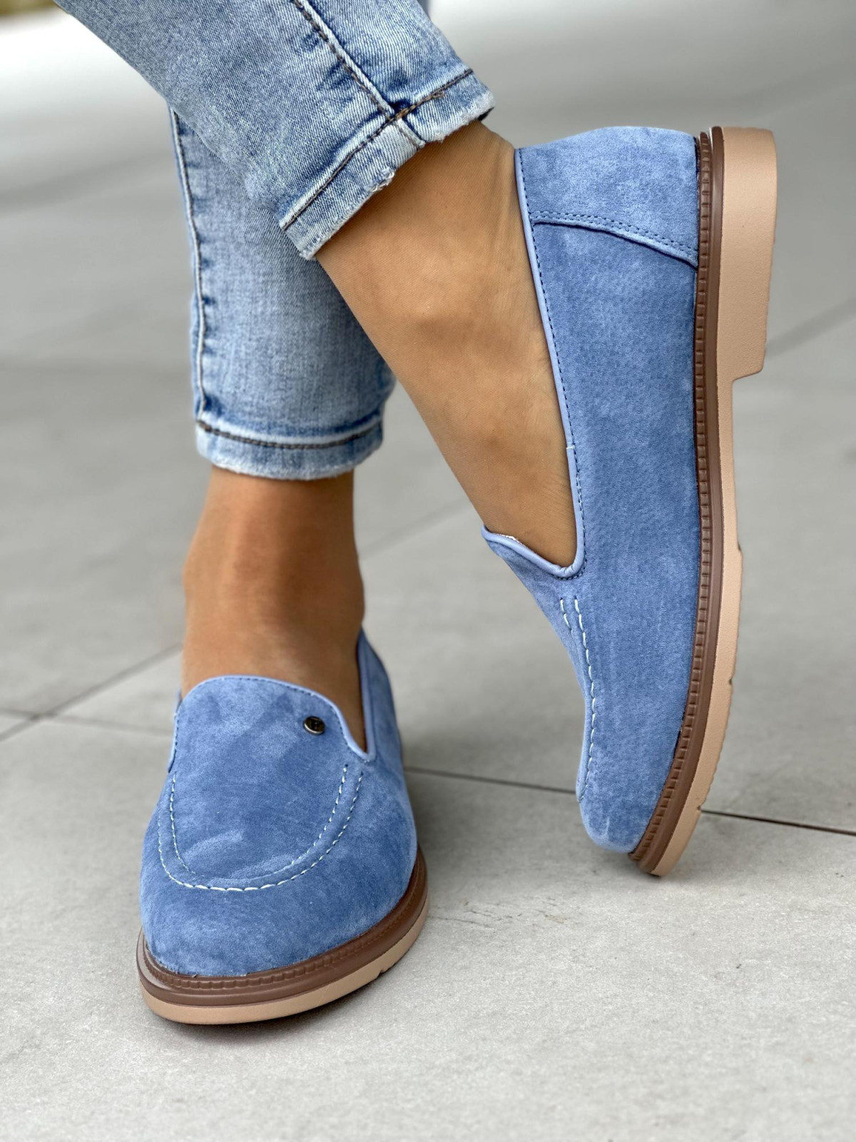 Śliczne niebieskie mokasyny damskie, skóra naturalna