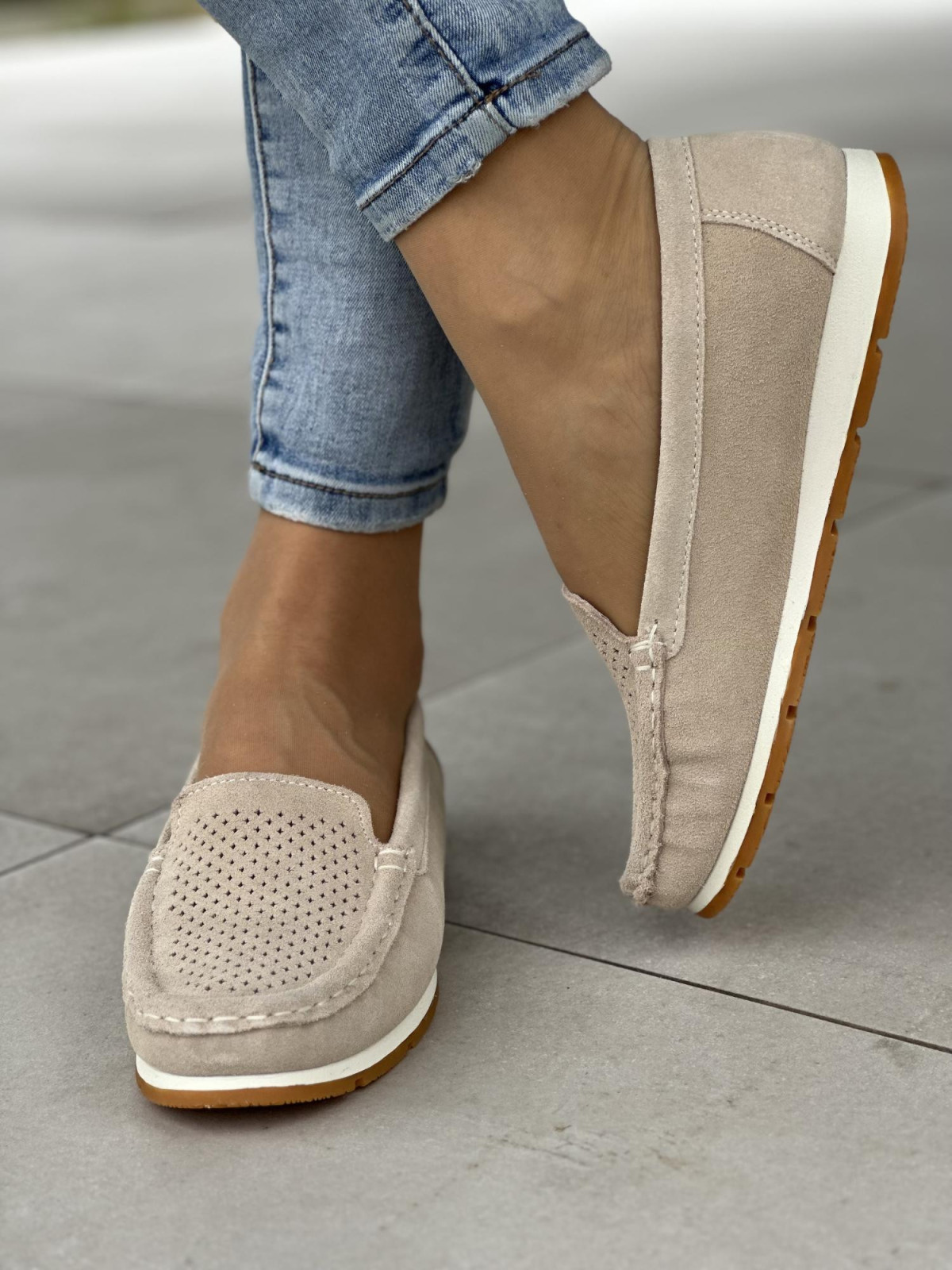 Beżowe mokasyny damskie skóra naturalna