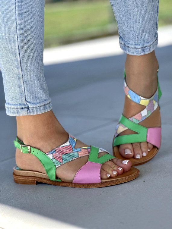 Delikatne wielokolorowe sandały damskie, skóra naturalna