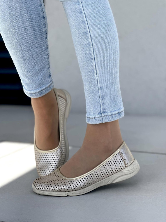 Lekkie i wygodne złote baleriny damskie, skóra naturalna