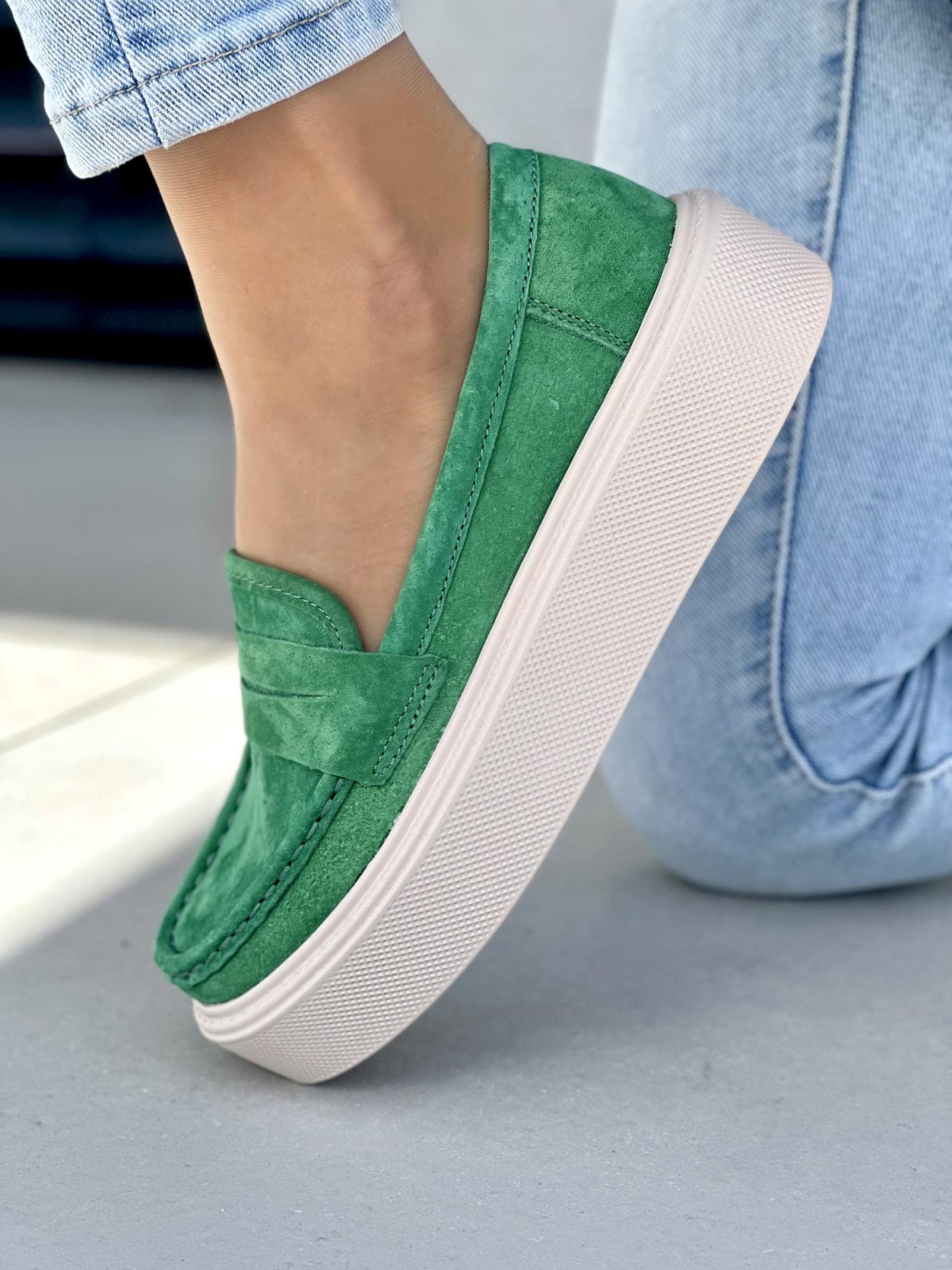 Zielone mokasyny damskie skóra naturalna