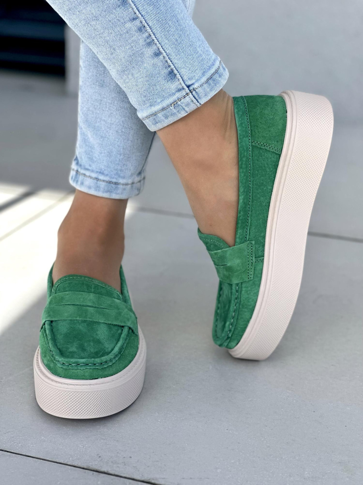 Zielone mokasyny damskie skóra naturalna