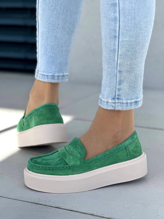 Zielone mokasyny damskie skóra naturalna