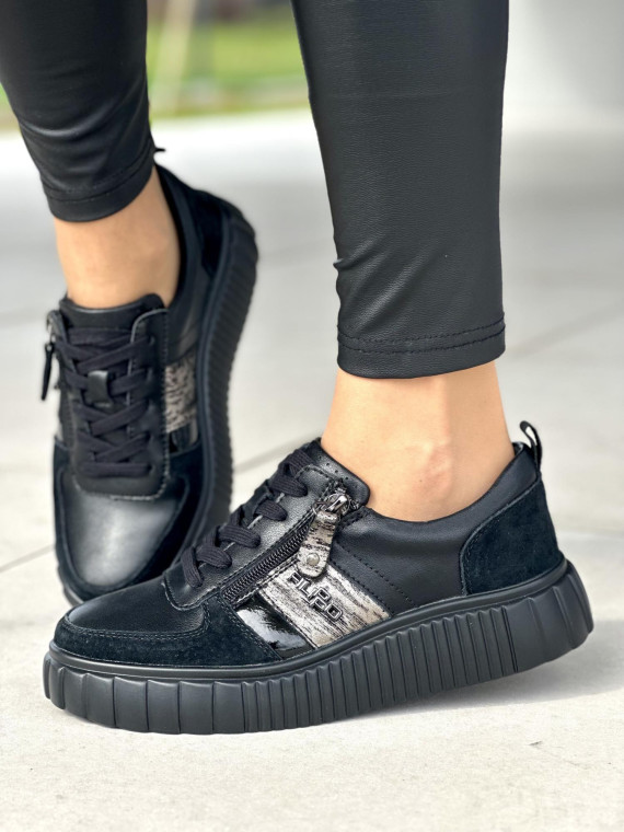 Lekkie czarne trampki damskie, skóra naturalna