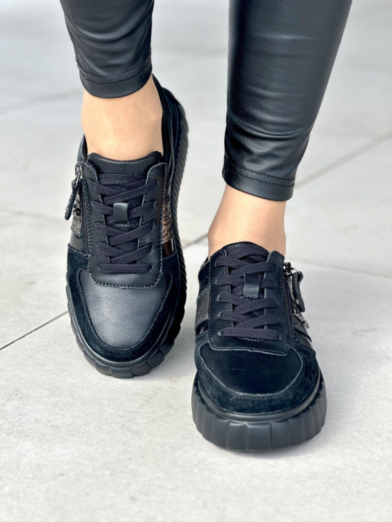 Lekkie czarne trampki damskie, skóra naturalna