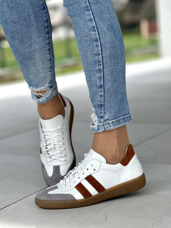 Wygodne białe trampki damskie z brązowymi paskami, skóra naturalna