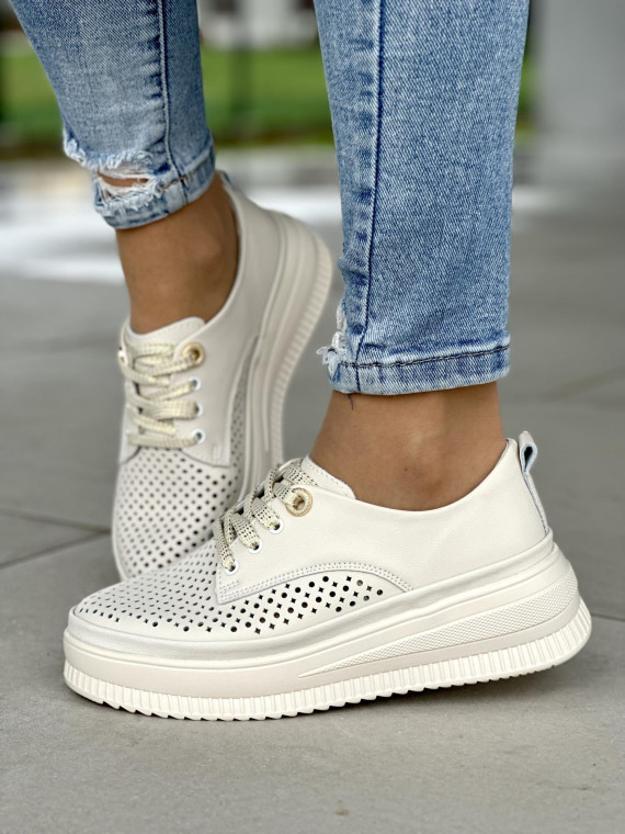 Lekkie ażurowe beżowe trampki damskie na platformie, skóra naturalna