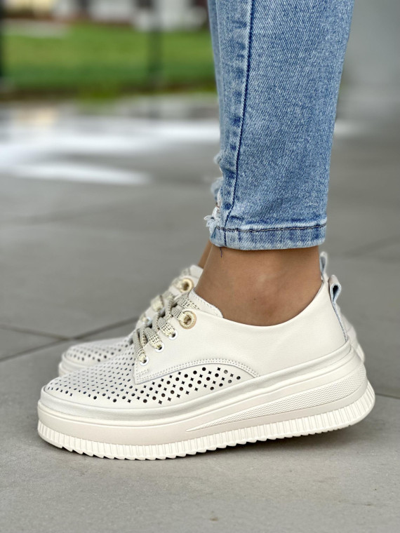 Lekkie ażurowe beżowe trampki damskie na platformie, skóra naturalna