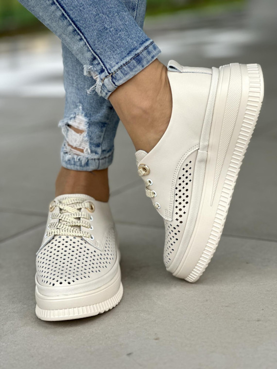 Lekkie ażurowe beżowe trampki damskie na platformie, skóra naturalna