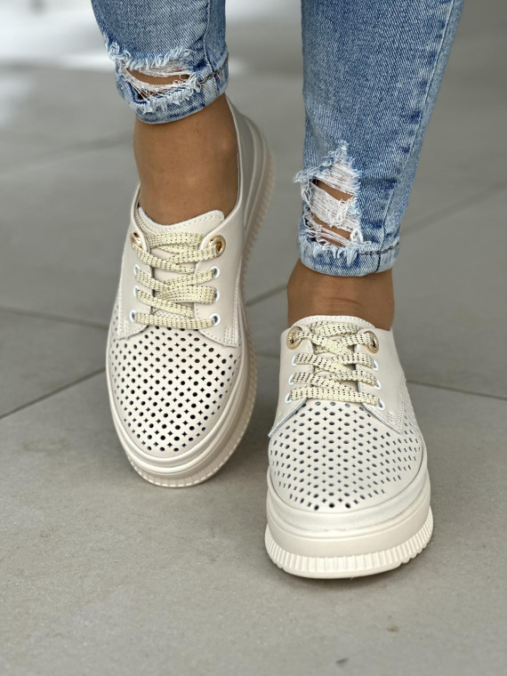 Lekkie ażurowe beżowe trampki damskie na platformie, skóra naturalna