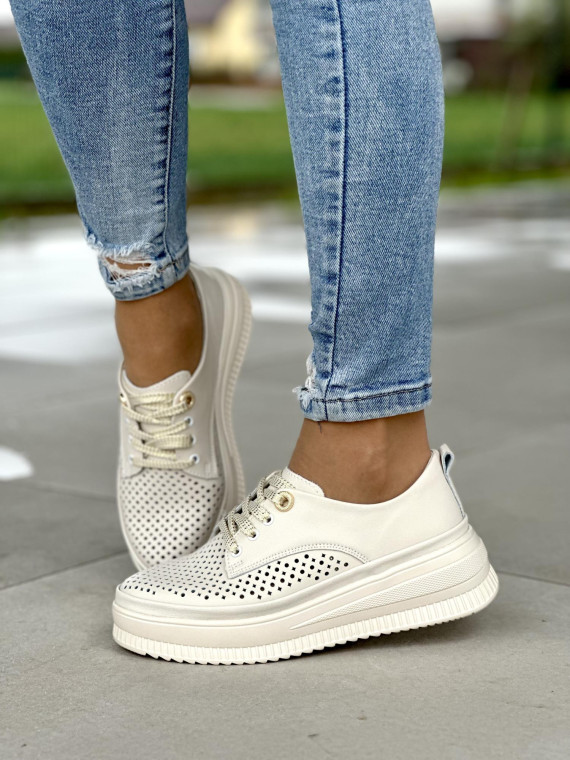 Lekkie ażurowe beżowe trampki damskie na platformie, skóra naturalna