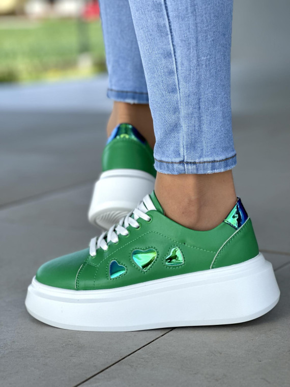Oryginalne zielone trampki damskie na białej platformie, skóra naturalna