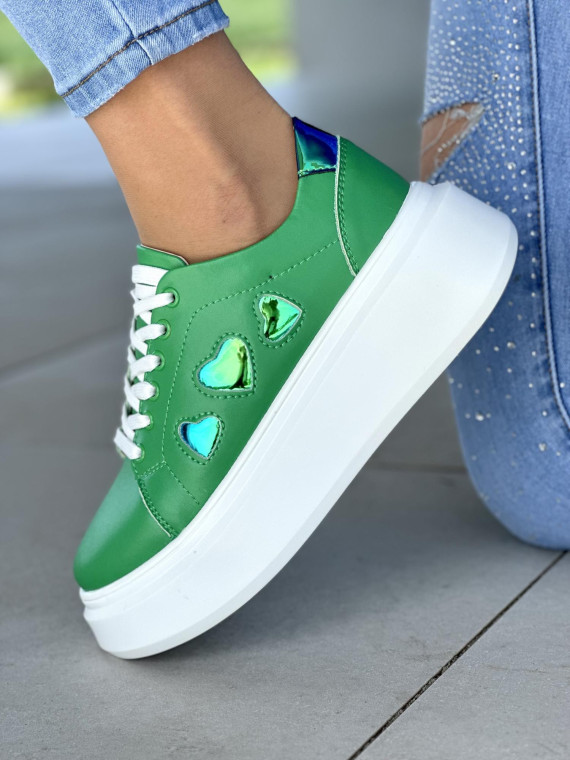 Oryginalne zielone trampki damskie na białej platformie, skóra naturalna