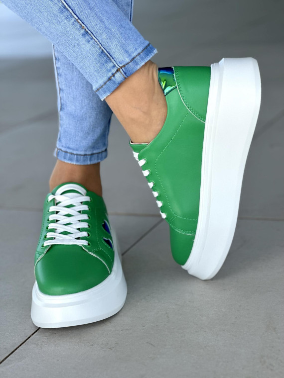Oryginalne zielone trampki damskie na białej platformie, skóra naturalna