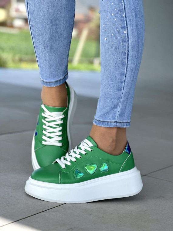 Oryginalne zielone trampki damskie na białej platformie, skóra naturalna