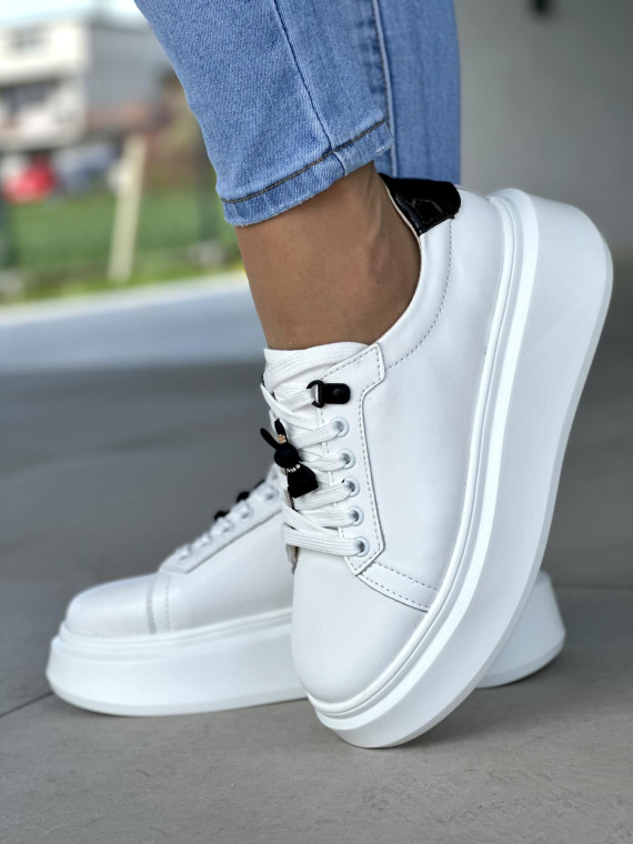 Lekkie białe trampki damskie z czarnymi detalami, skóra naturalna