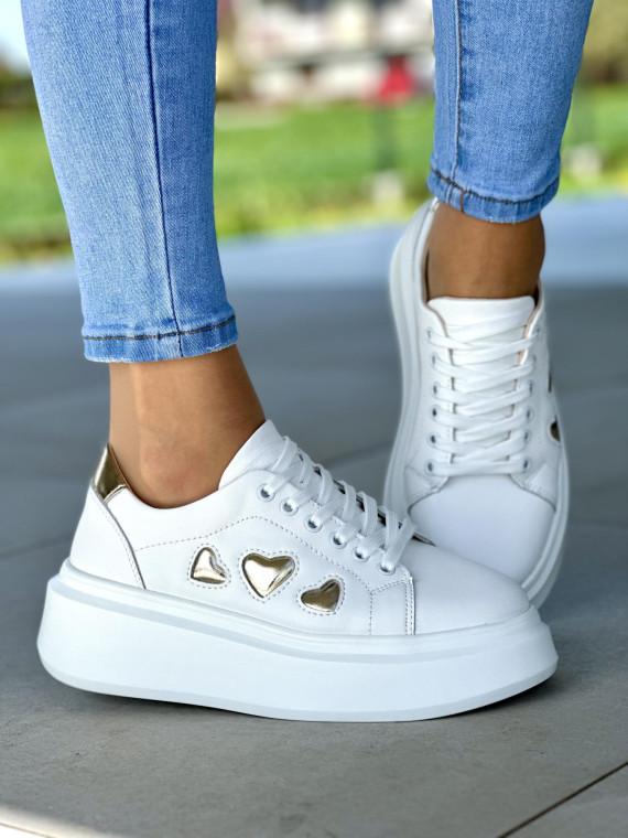 Wyjątkowe biało-złote trampki damskie na platformie, skóra naturalna