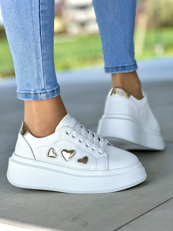 Wyjątkowe biało-złote trampki damskie na platformie, skóra naturalna