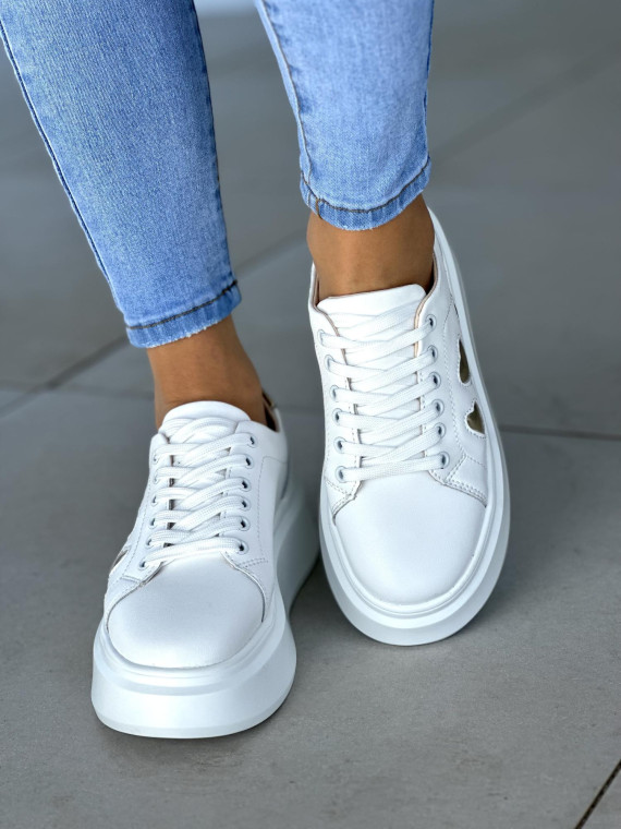 Wyjątkowe biało-złote trampki damskie na platformie, skóra naturalna