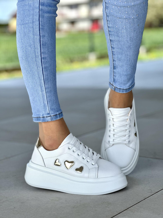 Wyjątkowe biało-złote trampki damskie na platformie, skóra naturalna