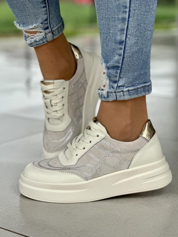 Oryginalne beżowe trampki damskie z ozdobnymi cyrkoniami, skóra naturalna