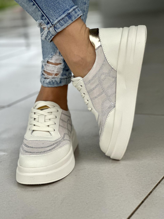 Oryginalne beżowe trampki damskie z ozdobnymi cyrkoniami, skóra naturalna