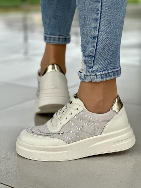 Oryginalne beżowe trampki damskie z ozdobnymi cyrkoniami, skóra naturalna