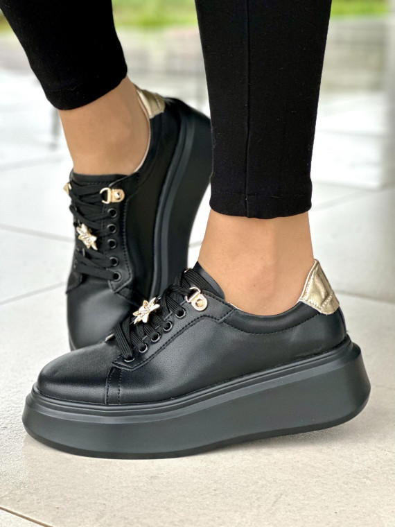 Czarne trampki damskie na platformie, ze złotymi akcentami, skóra naturalna