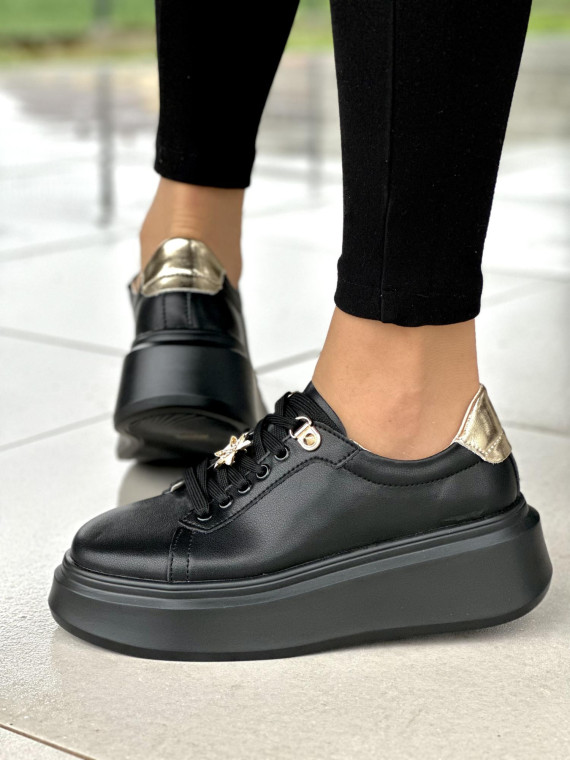 Czarne trampki damskie na platformie, ze złotymi akcentami, skóra naturalna