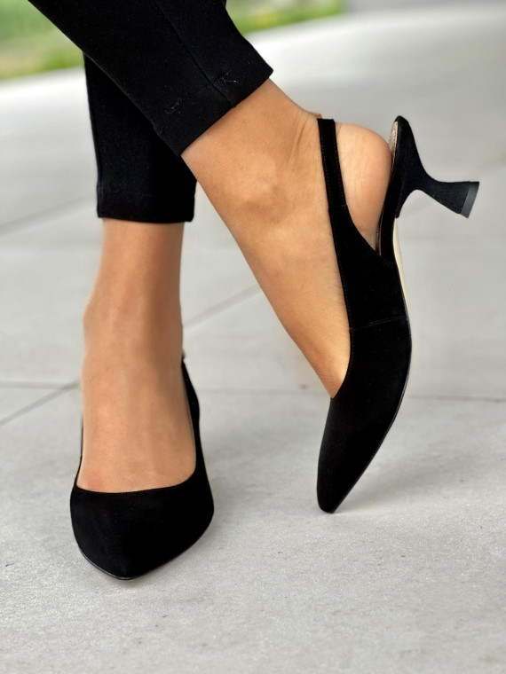 Eleganckie czarne czółenka damskie na niskim obcasie, skóra naturalna