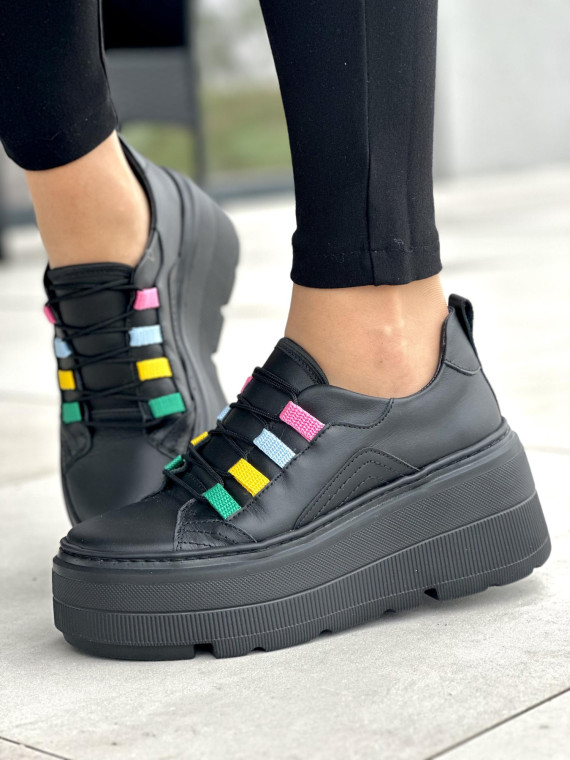 Lekkie czarne trampki damskie na platformie, skóra naturalna